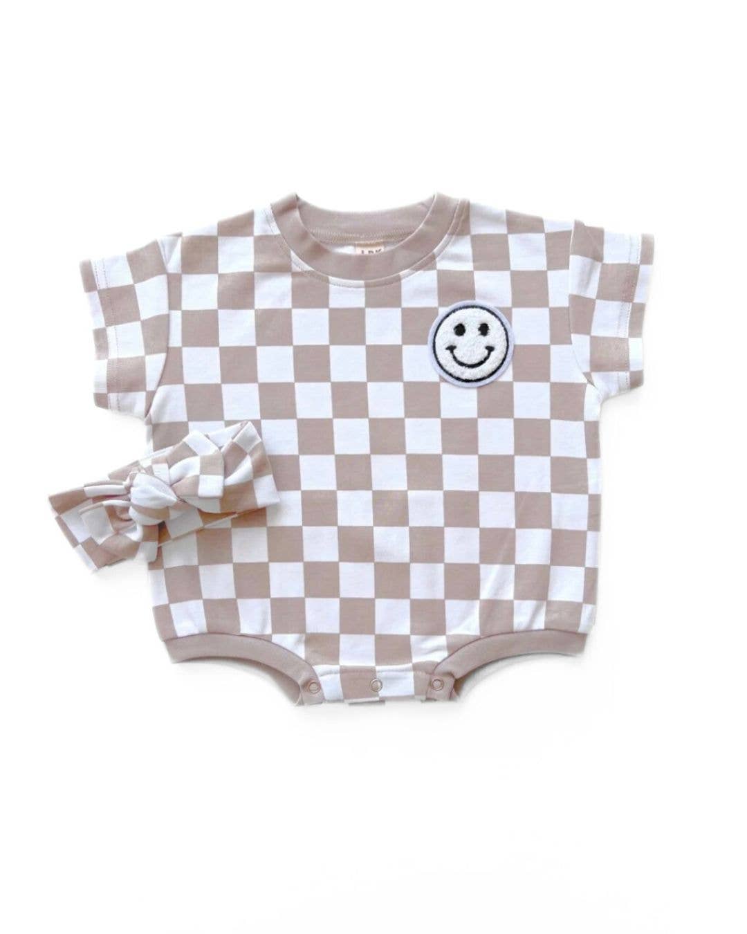 Short Sleeve Bubble Romper | Checkered Smiley Latte: BOW SOLD SEPARATE