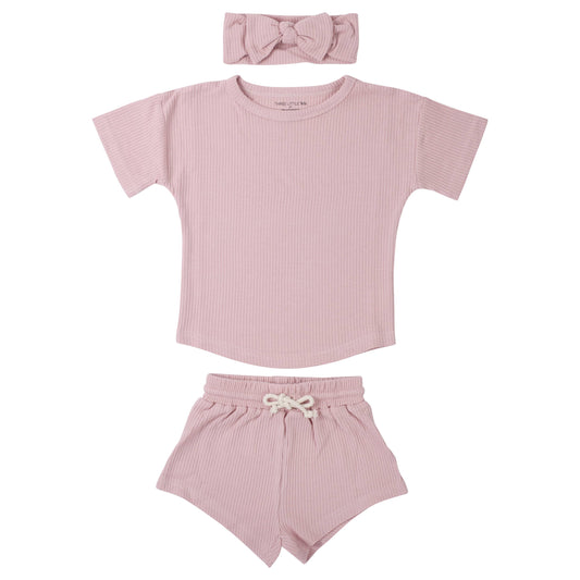 Rose Pink Summer Waffle Toddler Top & Bottom Set: Bow INCLUDED