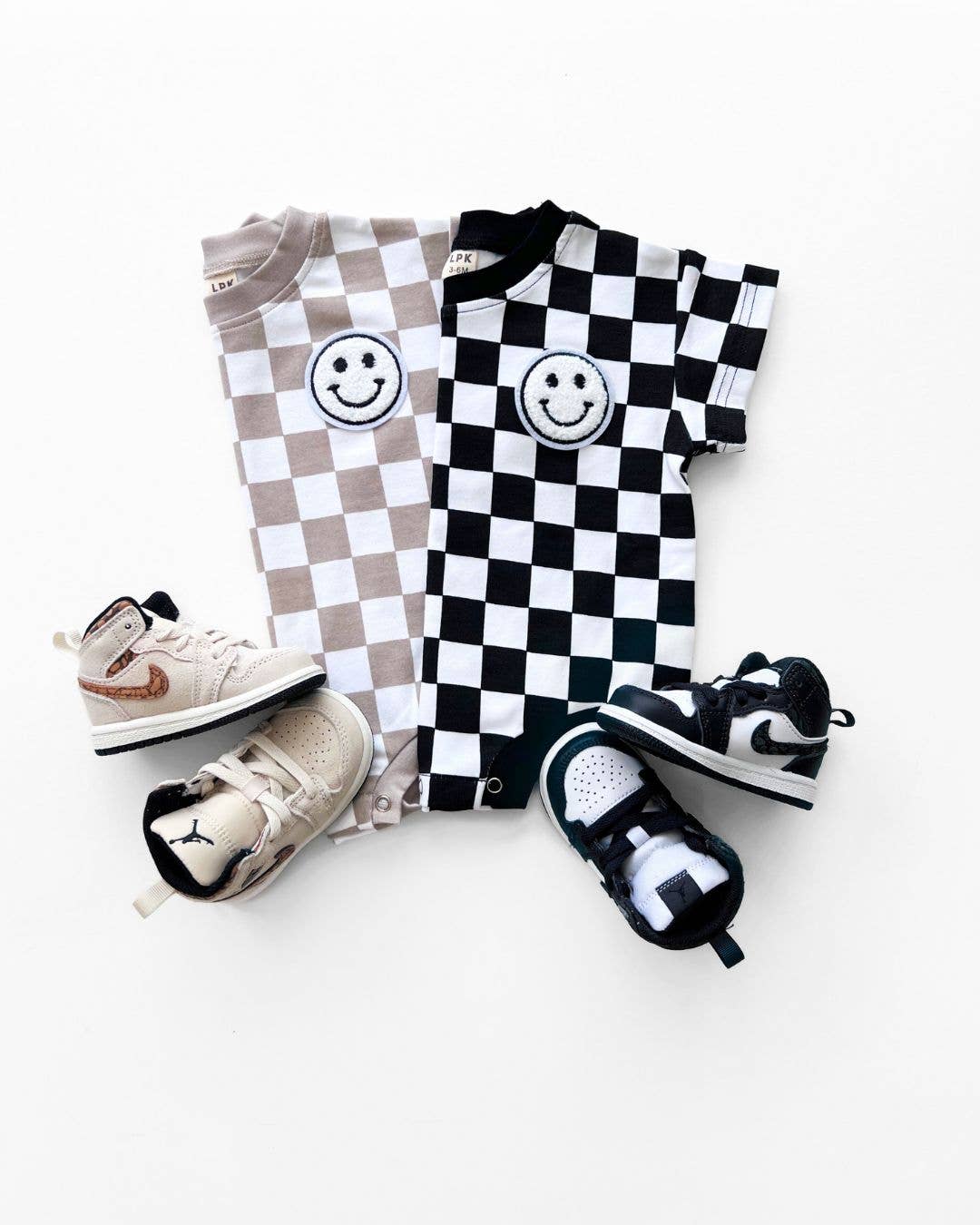 Short Sleeve Bubble Romper | Checkered Smiley Latte: BOW SOLD SEPARATE