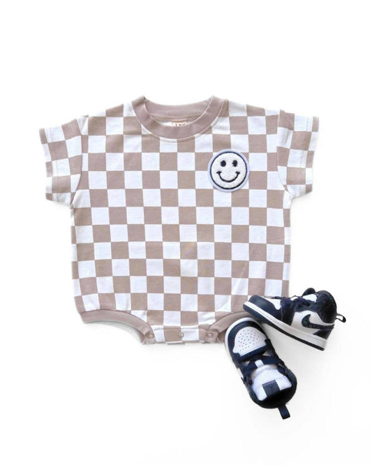 Short Sleeve Bubble Romper | Checkered Smiley Latte: BOW SOLD SEPARATE