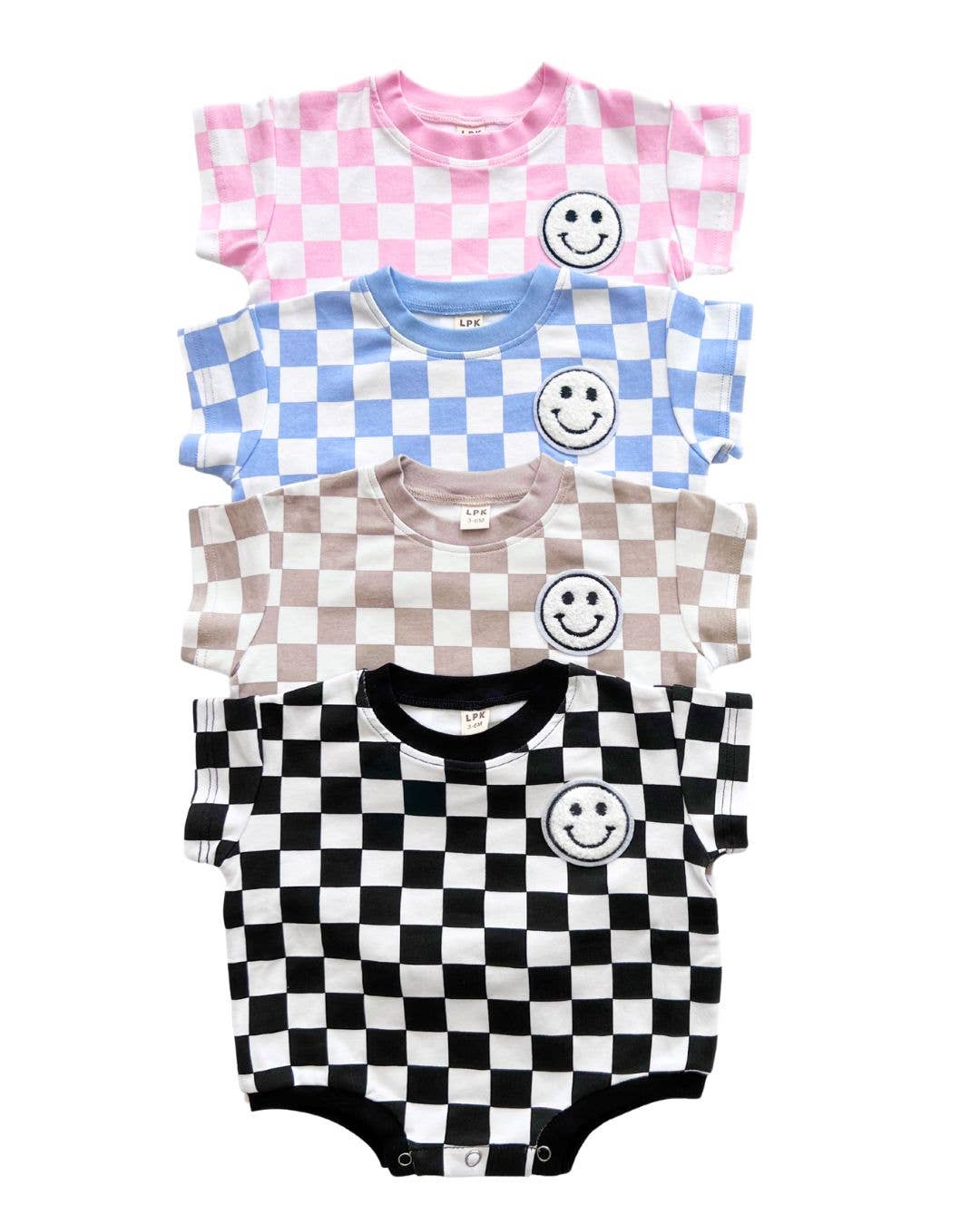 Short Sleeve Bubble Romper | Checkered Smiley Latte: BOW SOLD SEPARATE