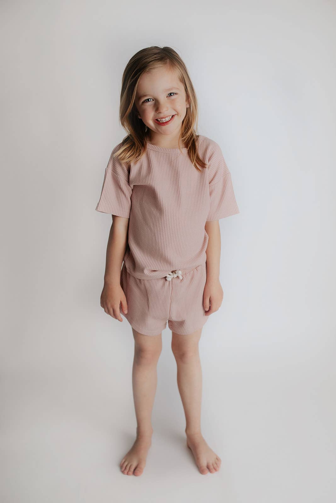 Rose Pink Summer Waffle Toddler Top & Bottom Set: Bow INCLUDED