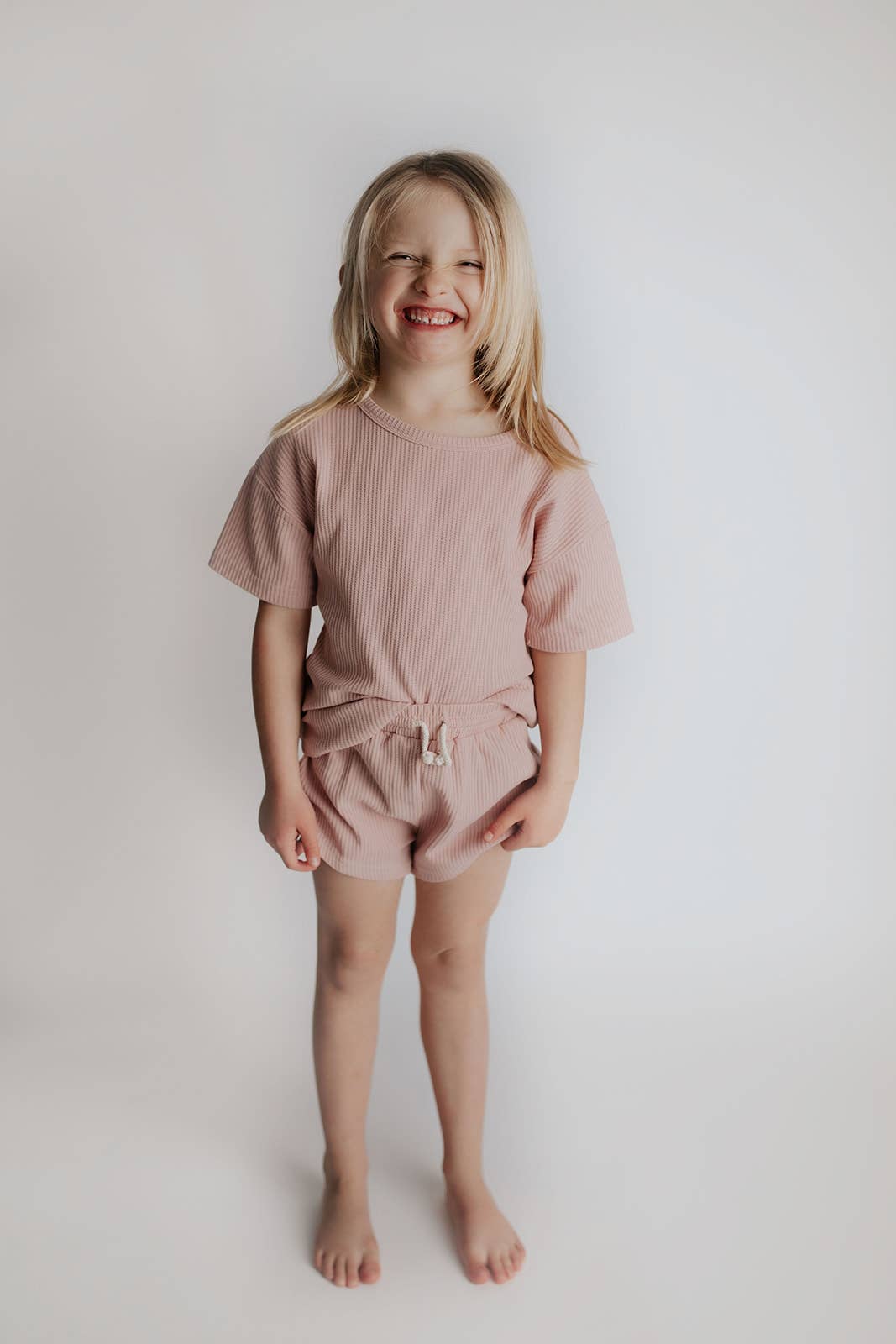 Rose Pink Summer Waffle Toddler Top & Bottom Set: Bow INCLUDED